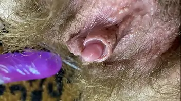 Creamy hairy pussy orgasm closeup